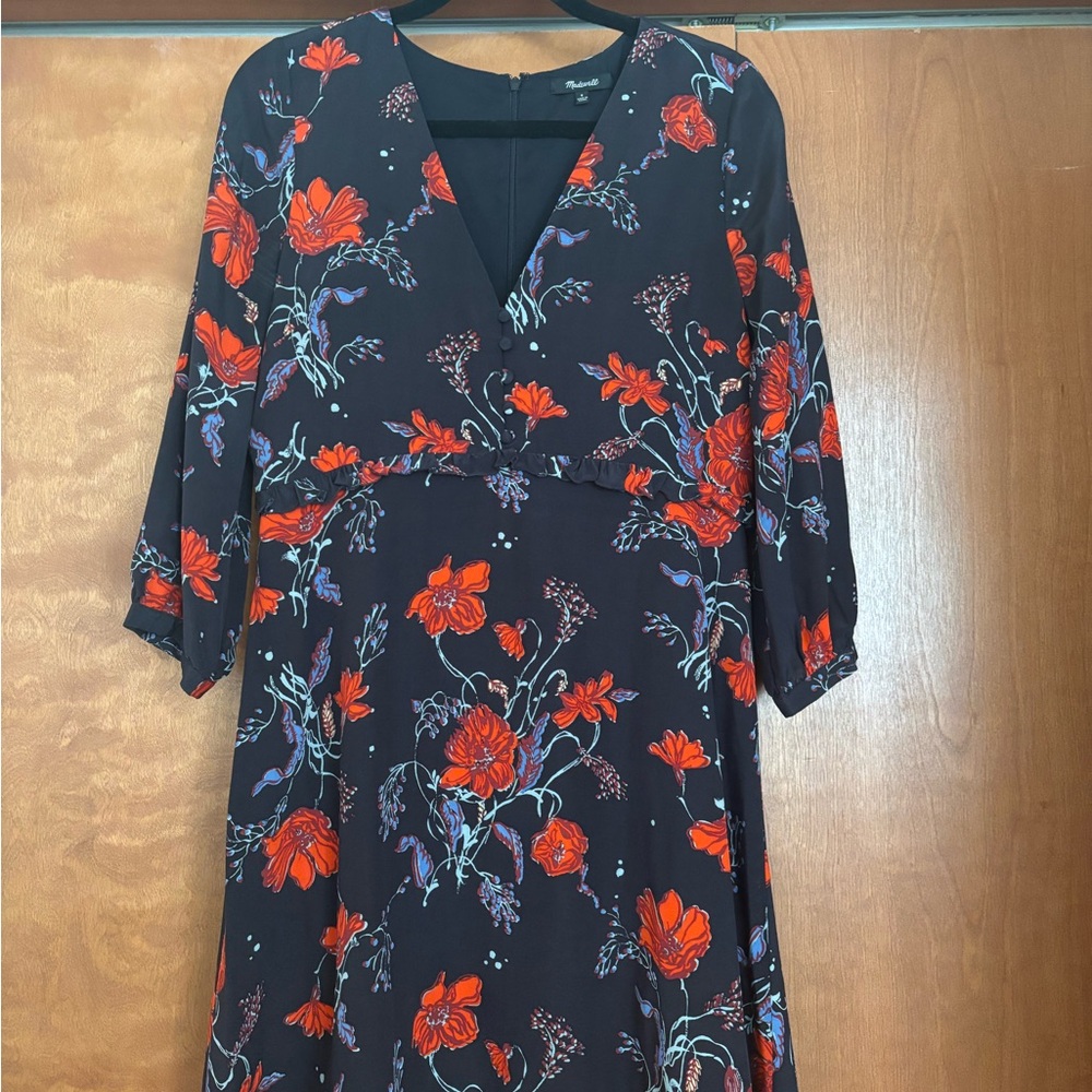 Madewell Silk Navy A-line V-neck Dress with Red Florals